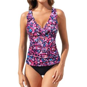 imageWomens Two Piece Swimsuits  Ruffle Flounce Tankini Tummy Control Bathing Suits V Neck SwimwearPink Flower