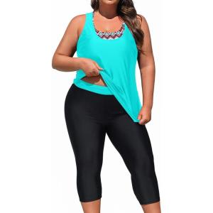 imageYonique 3 Piece Plus Size Swimsuits for Women Tankini Tops with Sports Bra and Swim Capris Athletic Bathing SuitsAqua Tribal