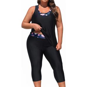 imageYonique 3 Piece Plus Size Swimsuits for Women Tankini Tops with Sports Bra and Swim Capris Athletic Bathing SuitsBlack  Flamingo