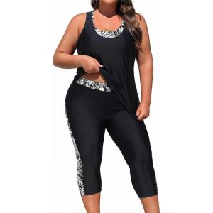imageYonique 3 Piece Plus Size Swimsuits for Women Tankini Tops with Sports Bra and Swim Capris Athletic Bathing SuitsBlack Floral 02