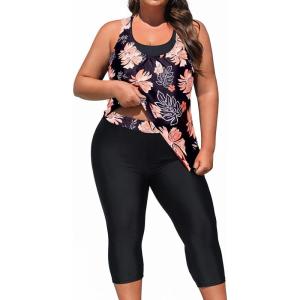 imageYonique 3 Piece Plus Size Swimsuits for Women Tankini Tops with Sports Bra and Swim Capris Athletic Bathing SuitsBlack Floral