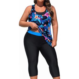imageYonique 3 Piece Plus Size Swimsuits for Women Tankini Tops with Sports Bra and Swim Capris Athletic Bathing SuitsBlue Floral 02