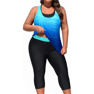 imageYonique 3 Piece Plus Size Swimsuits for Women Tankini Tops with Sports Bra and Swim Capris Athletic Bathing SuitsBlue Gradient