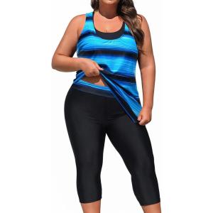 imageYonique 3 Piece Plus Size Swimsuits for Women Tankini Tops with Sports Bra and Swim Capris Athletic Bathing SuitsBlue and Black Gradient
