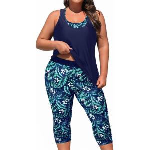 imageYonique 3 Piece Plus Size Swimsuits for Women Tankini Tops with Sports Bra and Swim Capris Athletic Bathing SuitsNavy Blue Leaf Print