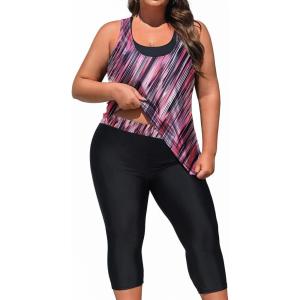 imageYonique 3 Piece Plus Size Swimsuits for Women Tankini Tops with Sports Bra and Swim Capris Athletic Bathing SuitsPink Striped
