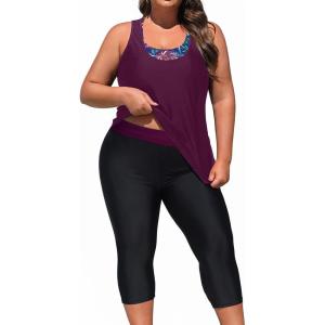 imageYonique 3 Piece Plus Size Swimsuits for Women Tankini Tops with Sports Bra and Swim Capris Athletic Bathing SuitsPurple Floral