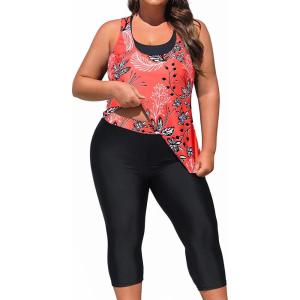 imageYonique 3 Piece Plus Size Swimsuits for Women Tankini Tops with Sports Bra and Swim Capris Athletic Bathing SuitsRed Floral  Black