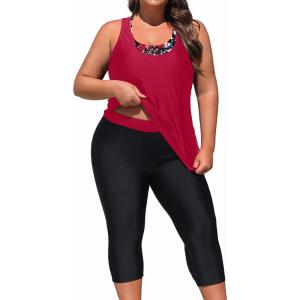 imageYonique 3 Piece Plus Size Swimsuits for Women Tankini Tops with Sports Bra and Swim Capris Athletic Bathing SuitsRed Floral