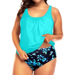 imageYonique Plus Size Two Piece Swimsuit for Women Blouson Tankini Tummy Control Bathing SuitAqua and Blue Flower