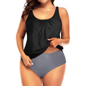 imageYonique Plus Size Two Piece Swimsuit for Women Blouson Tankini Tummy Control Bathing SuitBlack White Stripe