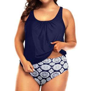 imageYonique Plus Size Two Piece Swimsuit for Women Blouson Tankini Tummy Control Bathing SuitNavy Geometry