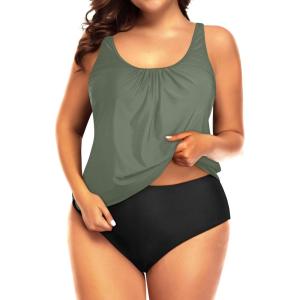 imageYonique Plus Size Two Piece Swimsuit for Women Blouson Tankini Tummy Control Bathing SuitOlive Green