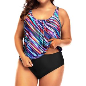 imageYonique Plus Size Two Piece Swimsuit for Women Blouson Tankini Tummy Control Bathing SuitPink Colorful Striped