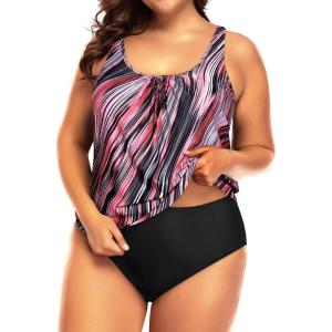 imageYonique Plus Size Two Piece Swimsuit for Women Blouson Tankini Tummy Control Bathing SuitPink Stripe 02