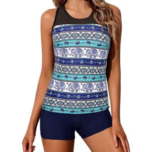 imageYonique Tankini Swimsuits for Women with Shorts Athletic Two Piece Bathing Suits Racerback Tank Tops SwimwearAblue Mandala
