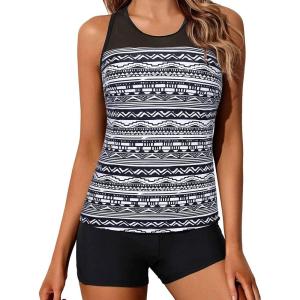 imageYonique Tankini Swimsuits for Women with Shorts Athletic Two Piece Bathing Suits Racerback Tank Tops SwimwearBlack  White