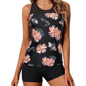 imageYonique Tankini Swimsuits for Women with Shorts Athletic Two Piece Bathing Suits Racerback Tank Tops SwimwearBlack Pink Floral