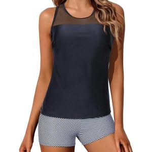 imageYonique Tankini Swimsuits for Women with Shorts Athletic Two Piece Bathing Suits Racerback Tank Tops SwimwearBlackstriped