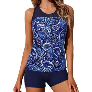 imageYonique Tankini Swimsuits for Women with Shorts Athletic Two Piece Bathing Suits Racerback Tank Tops SwimwearDark Blue Paisley