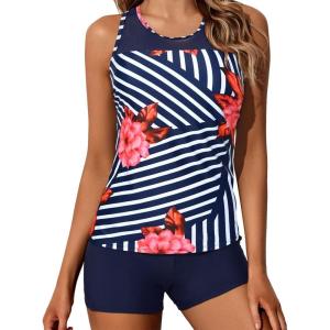 imageYonique Tankini Swimsuits for Women with Shorts Athletic Two Piece Bathing Suits Racerback Tank Tops SwimwearNavy Blue Striped
