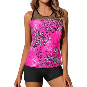 imageYonique Tankini Swimsuits for Women with Shorts Athletic Two Piece Bathing Suits Racerback Tank Tops SwimwearPink Floral Leaves