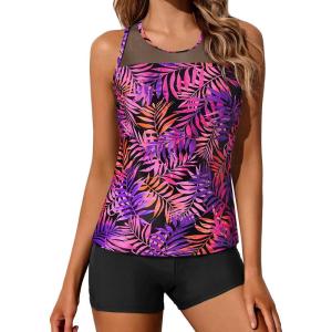 imageYonique Tankini Swimsuits for Women with Shorts Athletic Two Piece Bathing Suits Racerback Tank Tops SwimwearPurple Pink Leaves