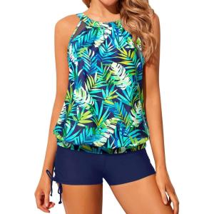 imageYonique Tankini Swimsuits with Shorts  Tummy Control Two Piece Blouson Bathing Suits High Neck SwimwearBlue Leaves