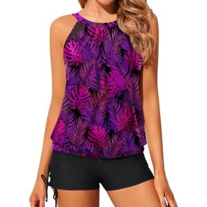 imageYonique Tankini Swimsuits with Shorts  Tummy Control Two Piece Blouson Bathing Suits High Neck SwimwearPurple Leaf