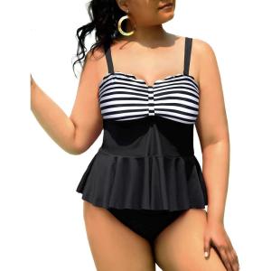 imageYonique Women Plus Size 2 Piece Tankini Swimsuits Ruched Bathing Suits Peplum Swimwear Scalloped SwimsuitsBlack White Stripes