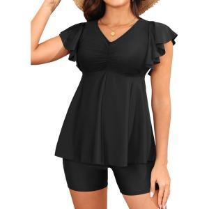 imageYonique Women Tankini with Shorts and Pocket Two Piece Swimsuits Ruffle Sleeve Bathing Suit Flowy SwimwearBlack