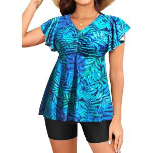 imageYonique Women Tankini with Shorts and Pocket Two Piece Swimsuits Ruffle Sleeve Bathing Suit Flowy SwimwearBlue Leaves
