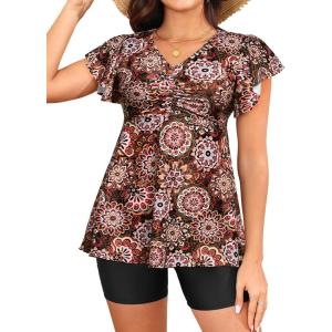 imageYonique Women Tankini with Shorts and Pocket Two Piece Swimsuits Ruffle Sleeve Bathing Suit Flowy SwimwearMandala