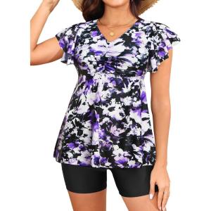 imageYonique Women Tankini with Shorts and Pocket Two Piece Swimsuits Ruffle Sleeve Bathing Suit Flowy SwimwearPurple Flowers