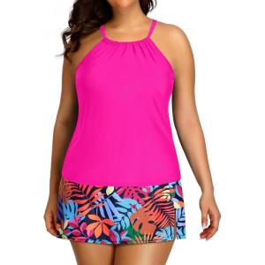 imageYonique Women Two Piece Plus Size Tankini with Skirt Tummy Control Bathing Suits High Neck SwimsuitsPink and Colorful Leaves