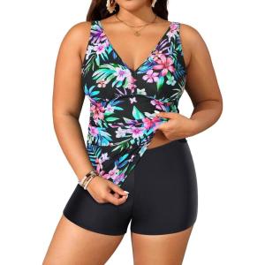 imageYonique Womens Plus Size Swimsuits with Shorts Tummy Control Tankini Two Piece Bathing Suits Athletic SwimwearColorful Floral1