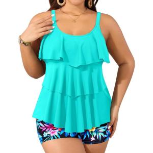 imageYonique Womens Plus Size Tankini Swimsuits with Shorts Two Piece Bathing Suits Ruffle Swimsuits Tummy Control SwimwearAqua Colorful Floral