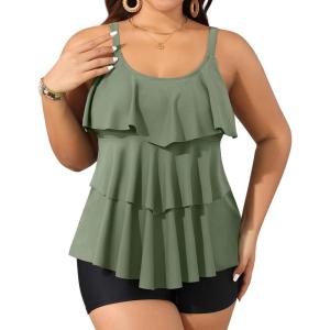 imageYonique Womens Plus Size Tankini Swimsuits with Shorts Two Piece Bathing Suits Ruffle Swimsuits Tummy Control SwimwearArmy Green