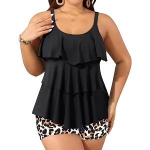 imageYonique Womens Plus Size Tankini Swimsuits with Shorts Two Piece Bathing Suits Ruffle Swimsuits Tummy Control SwimwearBalck Leopard