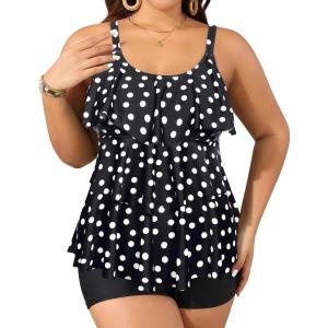 imageYonique Womens Plus Size Tankini Swimsuits with Shorts Two Piece Bathing Suits Ruffle Swimsuits Tummy Control SwimwearBalck Polka Dots