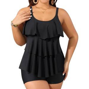 imageYonique Womens Plus Size Tankini Swimsuits with Shorts Two Piece Bathing Suits Ruffle Swimsuits Tummy Control SwimwearBlack