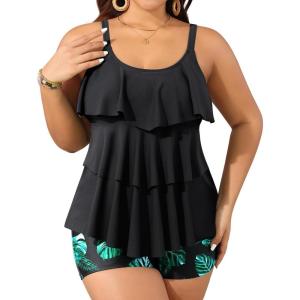 imageYonique Womens Plus Size Tankini Swimsuits with Shorts Two Piece Bathing Suits Ruffle Swimsuits Tummy Control SwimwearBlack Leaf
