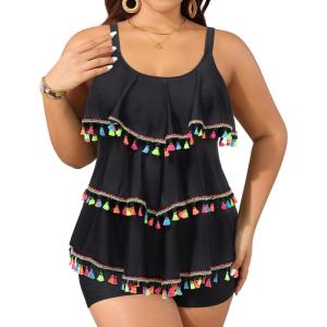 imageYonique Womens Plus Size Tankini Swimsuits with Shorts Two Piece Bathing Suits Ruffle Swimsuits Tummy Control SwimwearBlack Tassel