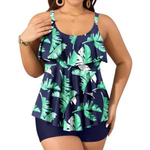 imageYonique Womens Plus Size Tankini Swimsuits with Shorts Two Piece Bathing Suits Ruffle Swimsuits Tummy Control SwimwearBlue  Green Leaf Tankini