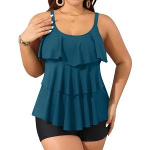 imageYonique Womens Plus Size Tankini Swimsuits with Shorts Two Piece Bathing Suits Ruffle Swimsuits Tummy Control SwimwearBlue Green Tankini