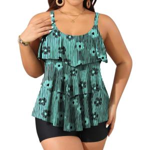 imageYonique Womens Plus Size Tankini Swimsuits with Shorts Two Piece Bathing Suits Ruffle Swimsuits Tummy Control SwimwearGreen Stripe