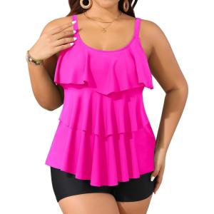 imageYonique Womens Plus Size Tankini Swimsuits with Shorts Two Piece Bathing Suits Ruffle Swimsuits Tummy Control SwimwearHot Pink