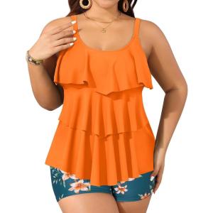 imageYonique Womens Plus Size Tankini Swimsuits with Shorts Two Piece Bathing Suits Ruffle Swimsuits Tummy Control SwimwearOrange Floral1