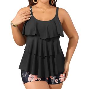 imageYonique Womens Plus Size Tankini Swimsuits with Shorts Two Piece Bathing Suits Ruffle Swimsuits Tummy Control SwimwearOrange Floral2