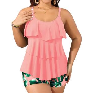 imageYonique Womens Plus Size Tankini Swimsuits with Shorts Two Piece Bathing Suits Ruffle Swimsuits Tummy Control SwimwearPink